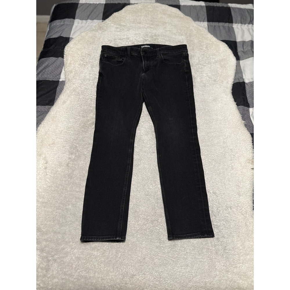 Express Mens Skinny Black Denim Jeans 33x30 Act 33x28 4-Way Stretch Mid Rise